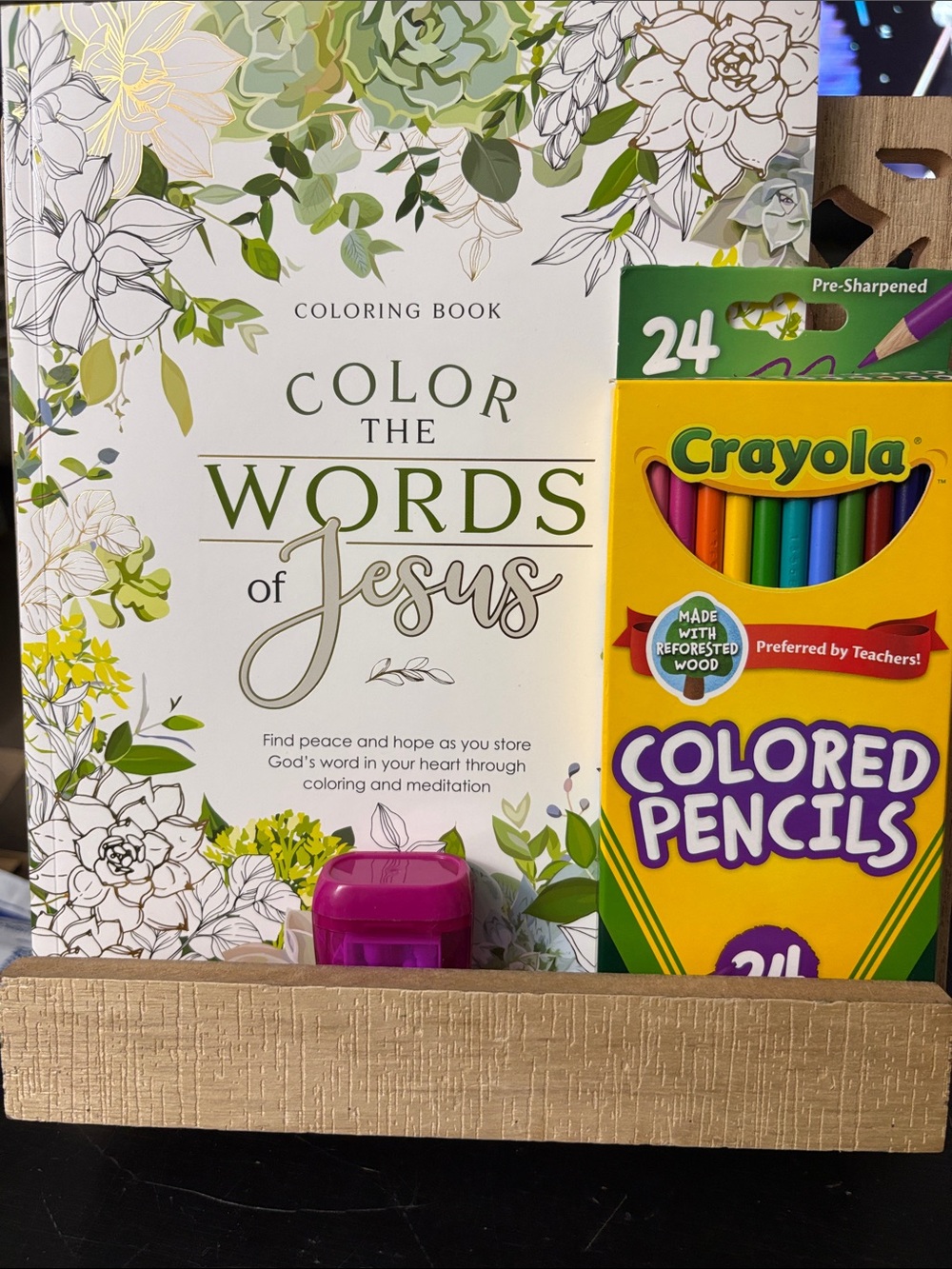 Color the Words of Jesus Coloring Book with Crayola Colored Pencils / sharpener